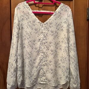 Loft Outlet Blouse Women’s Medium White Green Floral V Neck Back Top Spring